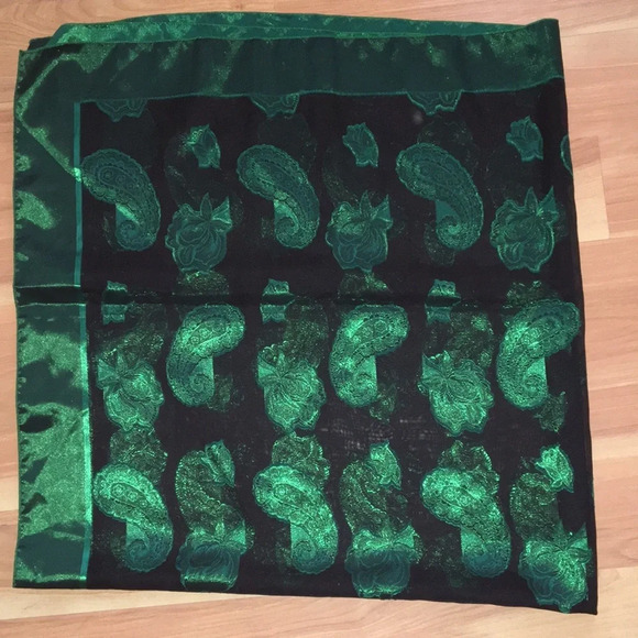 Emerald Green and Black Satin Sheer Paisley Print Scarf - Picture 3 of 4